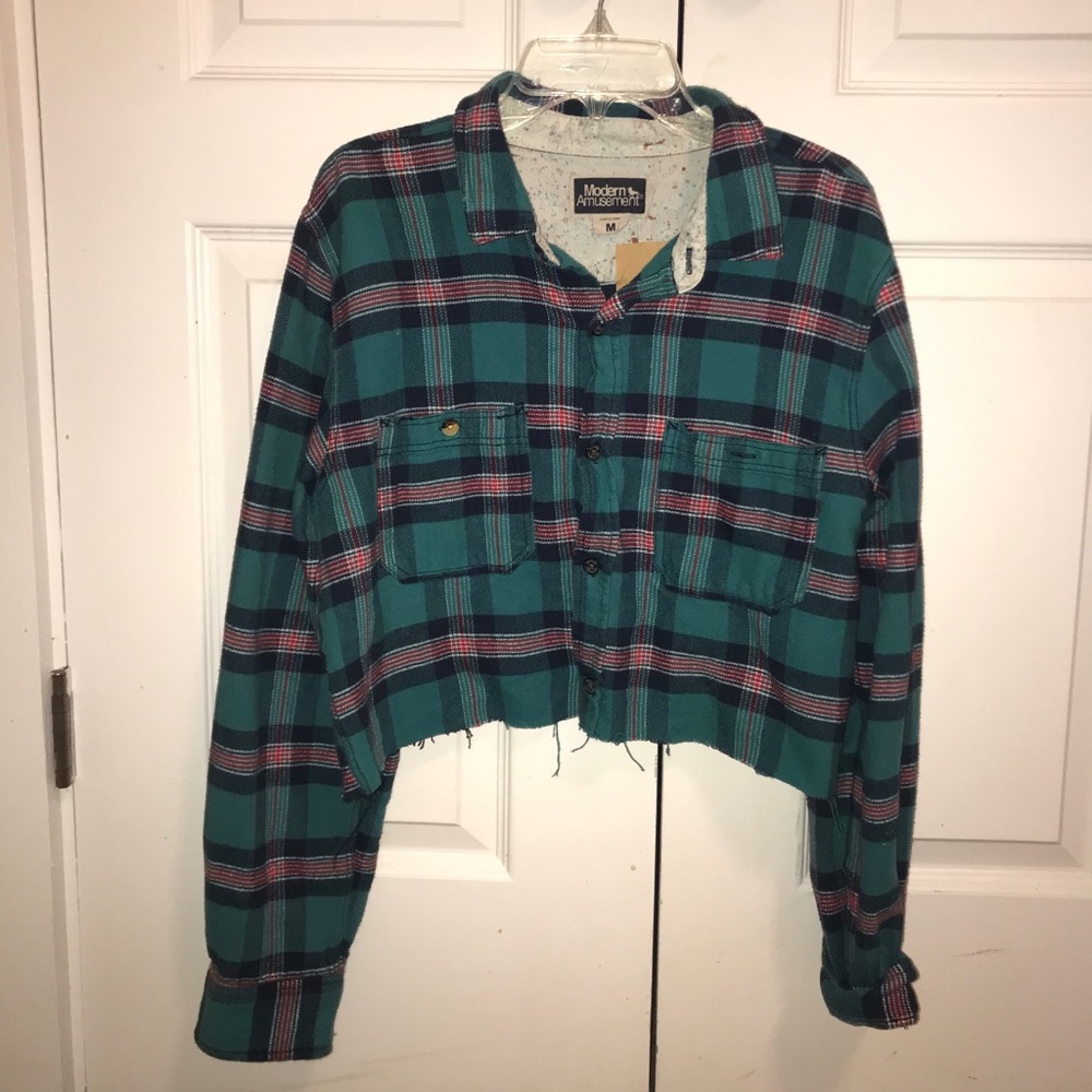 Oversized Cropped Button Up Flannel Shirt